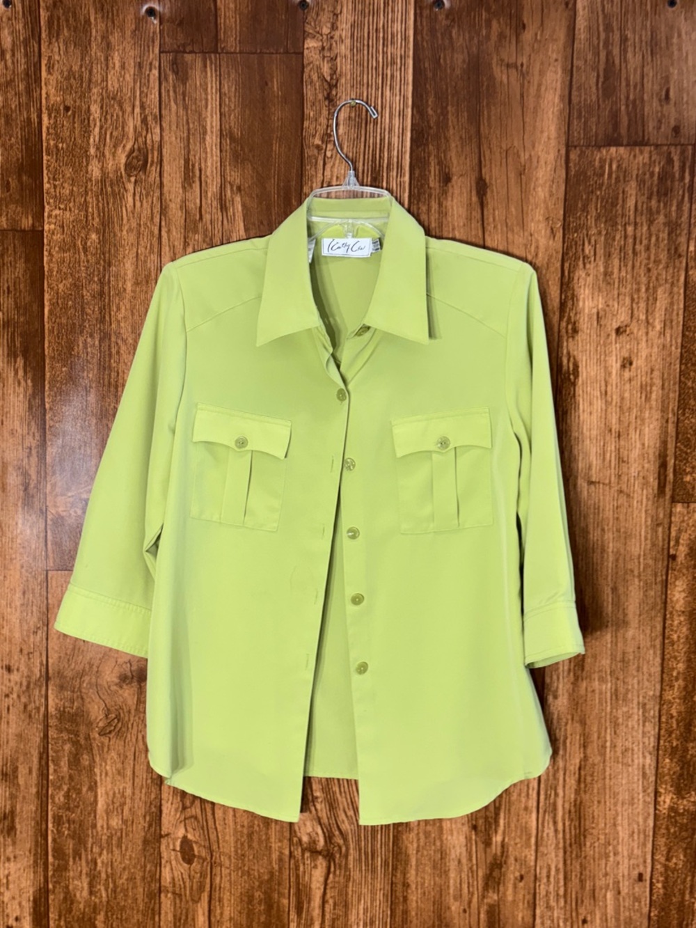 Kathy Che Light Mint Button-Front Blouse with Flap Pockets